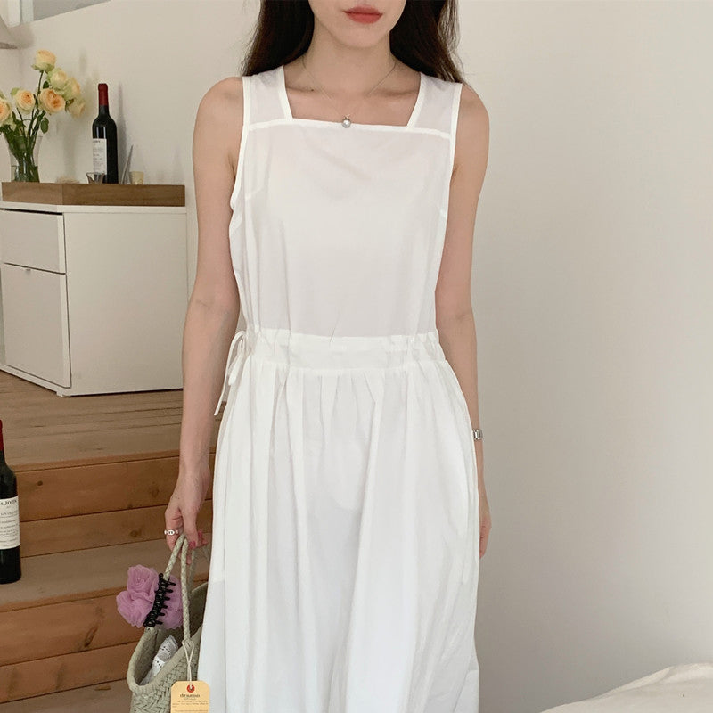 【F60563】法式慵懶度假風🌴小眾復古抽繩設計無袖背心寬鬆長版洋裝260413