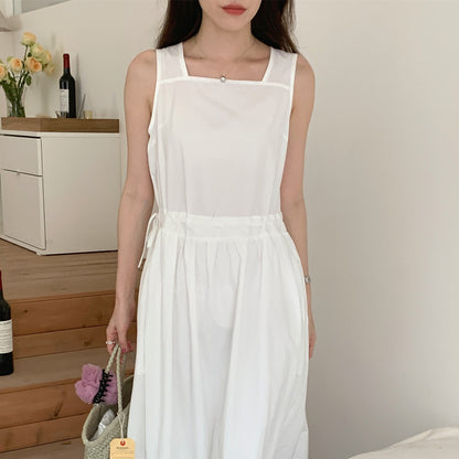 【F60563】法式慵懶度假風🌴小眾復古抽繩設計無袖背心寬鬆長版洋裝260413