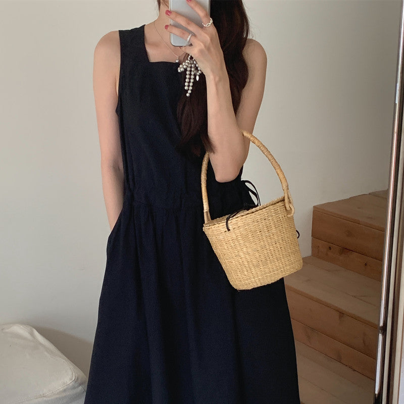 【F60563】法式慵懶度假風🌴小眾復古抽繩設計無袖背心寬鬆長版洋裝260413
