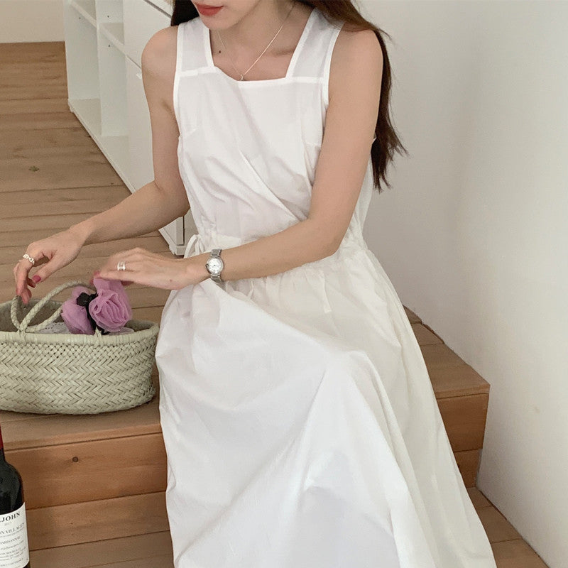 【F60563】法式慵懶度假風🌴小眾復古抽繩設計無袖背心寬鬆長版洋裝260413