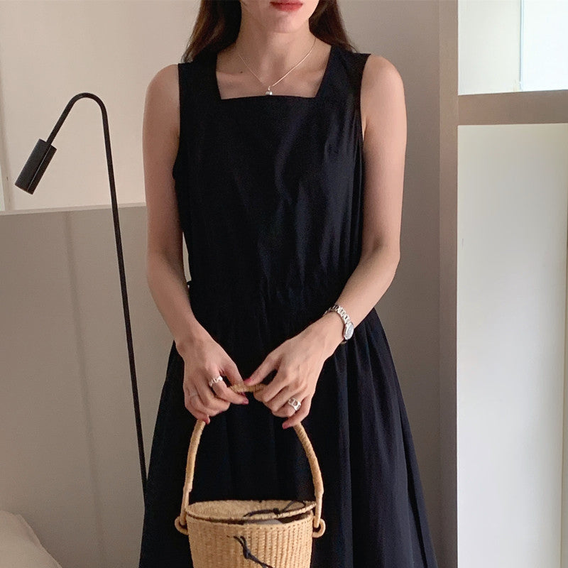 【F60563】法式慵懶度假風🌴小眾復古抽繩設計無袖背心寬鬆長版洋裝260413