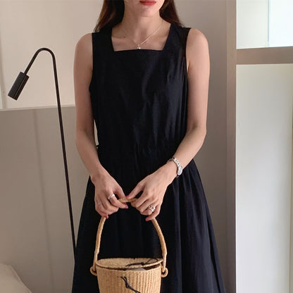 【F60563】法式慵懶度假風🌴小眾復古抽繩設計無袖背心寬鬆長版洋裝260413