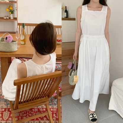 【F60563】法式慵懶度假風🌴小眾復古抽繩設計無袖背心寬鬆長版洋裝260413