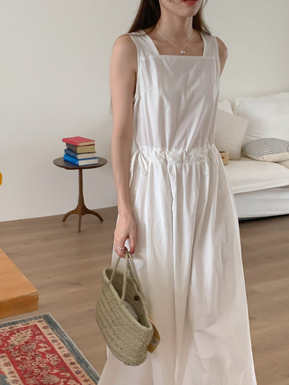 【F60563】法式慵懶度假風🌴小眾復古抽繩設計無袖背心寬鬆長版洋裝260413
