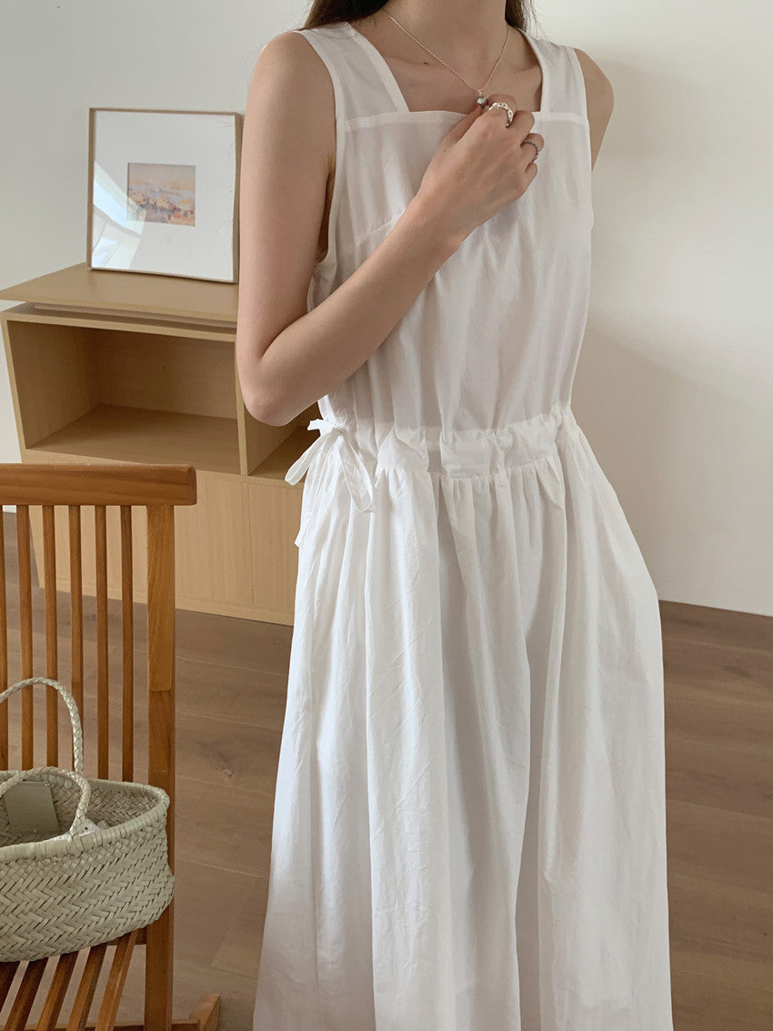 【F60563】法式慵懶度假風🌴小眾復古抽繩設計無袖背心寬鬆長版洋裝260413