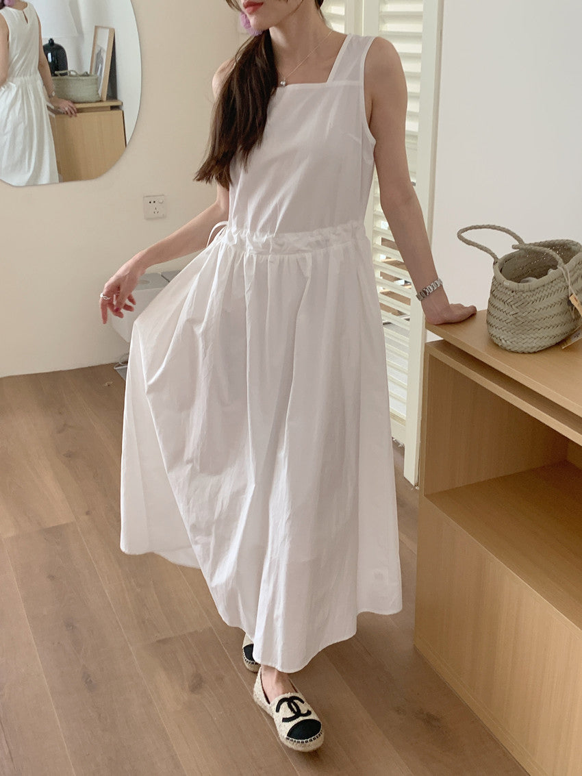 【F60563】法式慵懶度假風🌴小眾復古抽繩設計無袖背心寬鬆長版洋裝260413