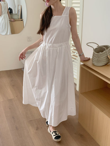 【F60563】法式慵懶度假風🌴小眾復古抽繩設計無袖背心寬鬆長版洋裝260413