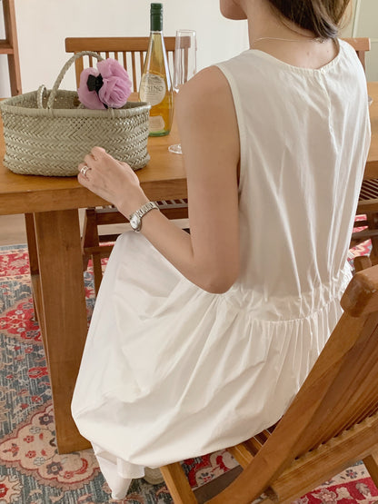 【F60563】法式慵懶度假風🌴小眾復古抽繩設計無袖背心寬鬆長版洋裝260413