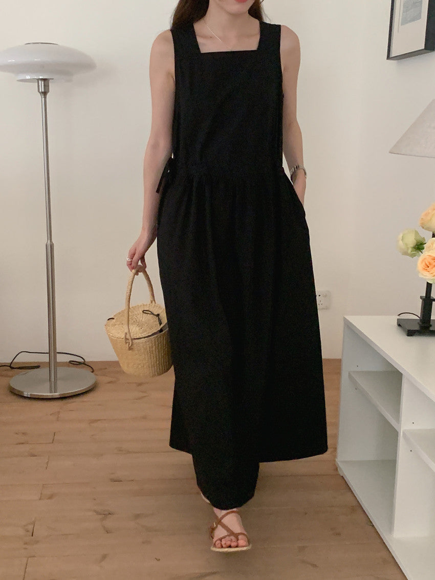 【F60563】法式慵懶度假風🌴小眾復古抽繩設計無袖背心寬鬆長版洋裝260413