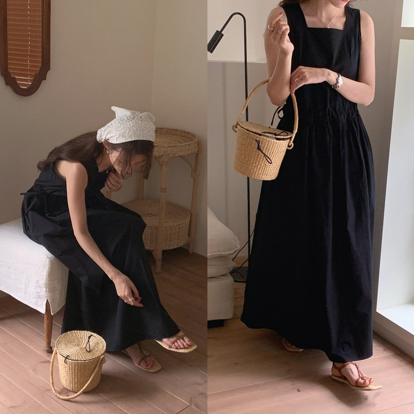 【F60563】法式慵懶度假風🌴小眾復古抽繩設計無袖背心寬鬆長版洋裝260413