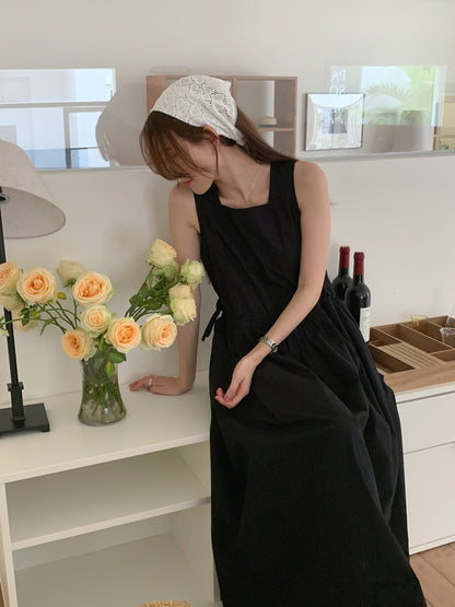 【F60563】法式慵懶度假風🌴小眾復古抽繩設計無袖背心寬鬆長版洋裝260413