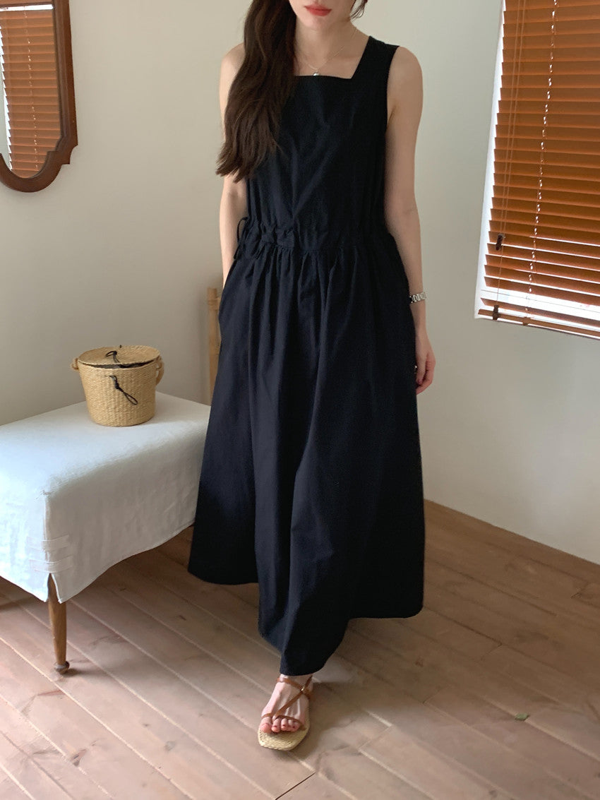 【F60563】法式慵懶度假風🌴小眾復古抽繩設計無袖背心寬鬆長版洋裝260413