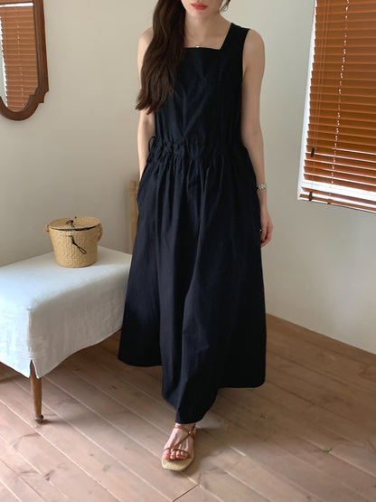 【F60563】法式慵懶度假風🌴小眾復古抽繩設計無袖背心寬鬆長版洋裝260413
