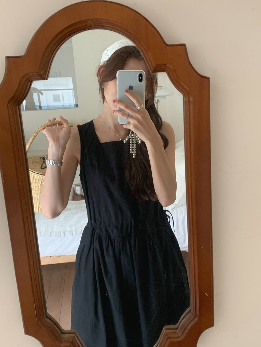 【F60563】法式慵懶度假風🌴小眾復古抽繩設計無袖背心寬鬆長版洋裝260413