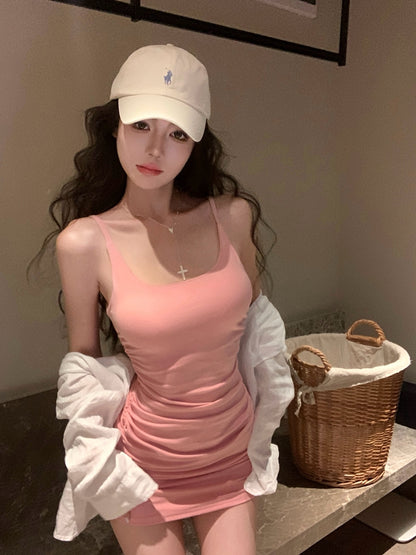 【F60439】實拍夏甜美辣妹打褶收腰顯瘦吊帶洋裝（含胸墊）250609
