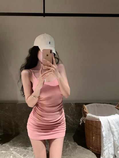 【F60439】實拍夏甜美辣妹打褶收腰顯瘦吊帶洋裝（含胸墊）250609