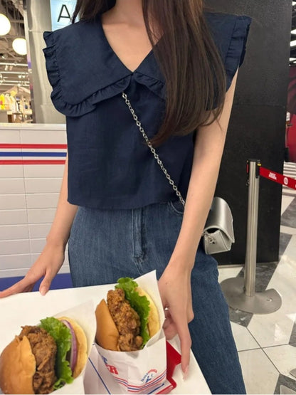 【F60478】韓版夏季甜美簡約娃娃領上衣250616