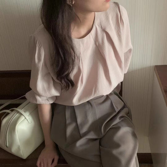 【F01105】 早春簡約氣質褶皺泡泡袖上衣250106