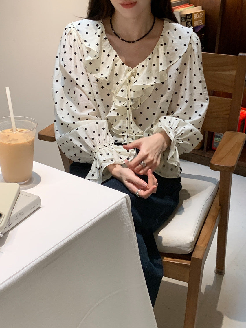 【F60660】法式復古・點點荷葉邊喇叭袖綁帶襯衫260825