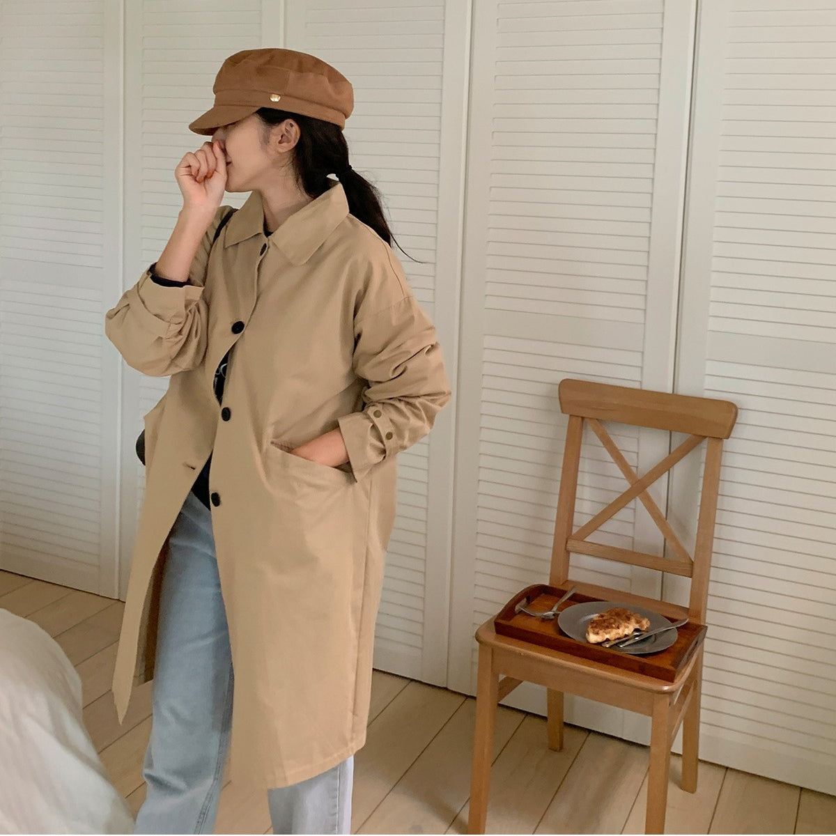 【F60187】韓國春季必備復古休閒簡約風衣外套250225