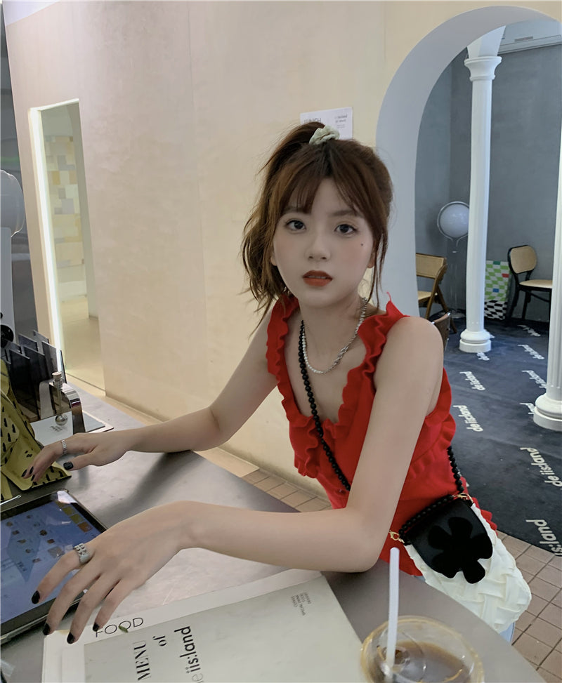 【F60402】實拍夏日活力紅色荷葉針織衫250526