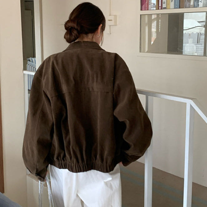 【F60712】S~XL法式復古・質感拉鍊麂皮短版外套260914