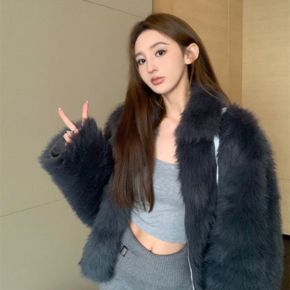 【F10435】實拍復古氣質辣妹氣質高級翻領毛毛皮草外套241028