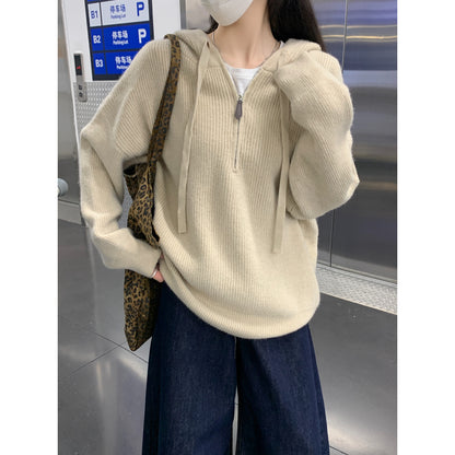 【F11431】實拍秋冬韓版寬鬆連帽北極絨針織衫241125