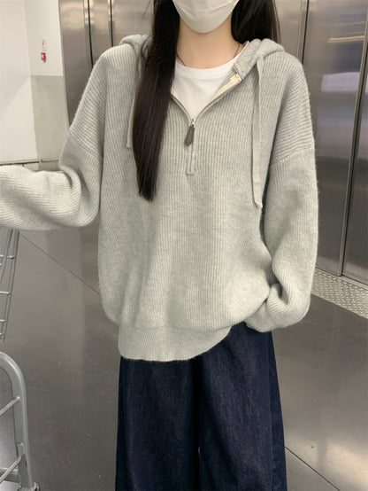 【F11431】實拍秋冬韓版寬鬆連帽北極絨針織衫241125