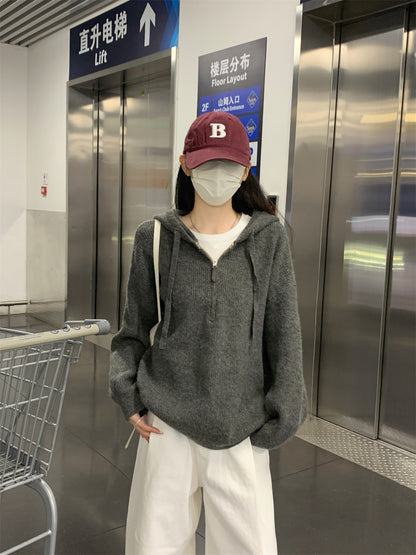 【F11431】實拍秋冬韓版寬鬆連帽北極絨針織衫241125