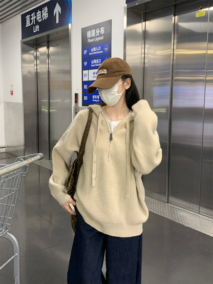 【F11431】實拍秋冬韓版寬鬆連帽北極絨針織衫241125