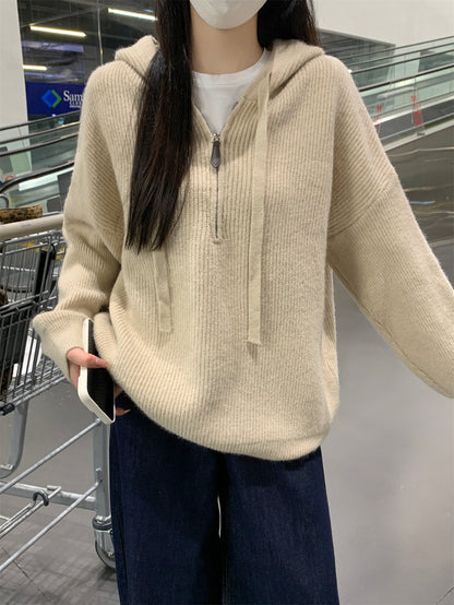 【F11431】實拍秋冬韓版寬鬆連帽北極絨針織衫241125