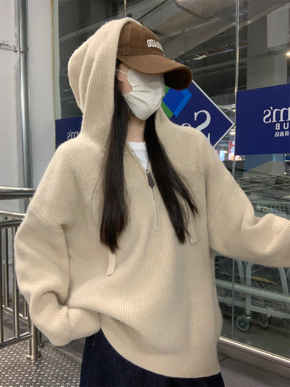 【F11431】實拍秋冬韓版寬鬆連帽北極絨針織衫241125
