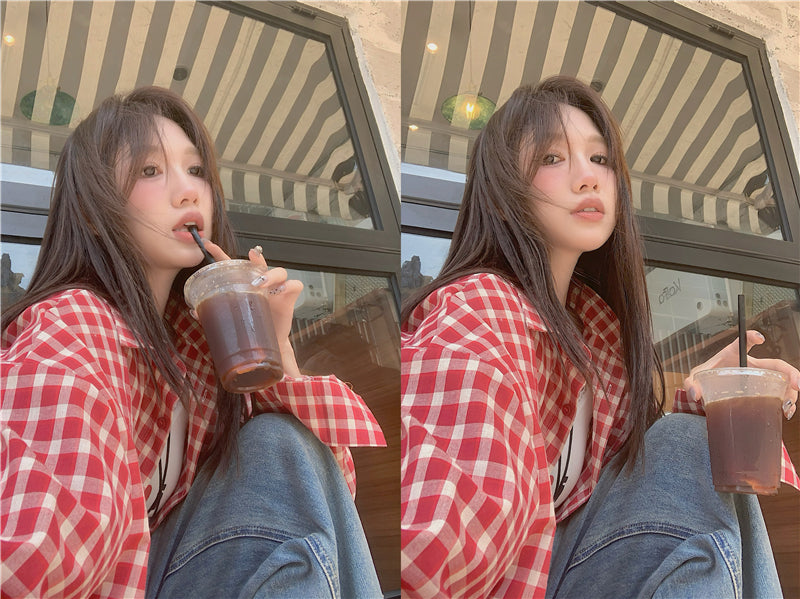 【F60645】韓系復古學院風☕日常休閒寬鬆百搭長袖格子防曬襯衫260713