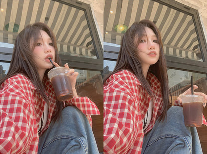 【F60645】韓系復古學院風☕日常休閒寬鬆百搭長袖格子防曬襯衫260713