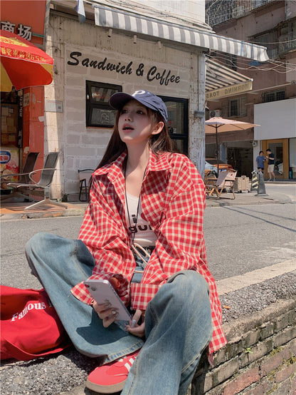 【F60645】韓系復古學院風☕日常休閒寬鬆百搭長袖格子防曬襯衫260713