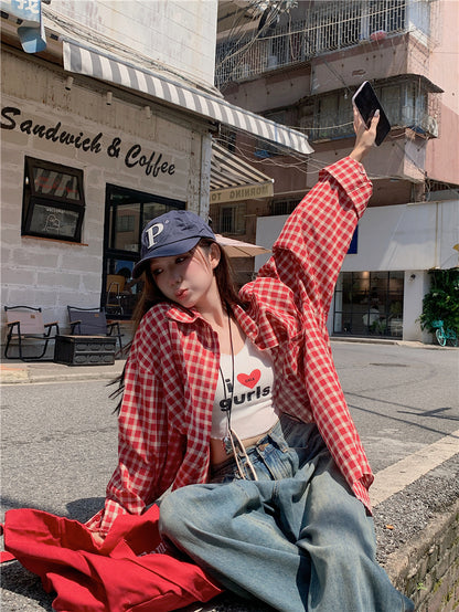 【F60645】韓系復古學院風☕日常休閒寬鬆百搭長袖格子防曬襯衫260713