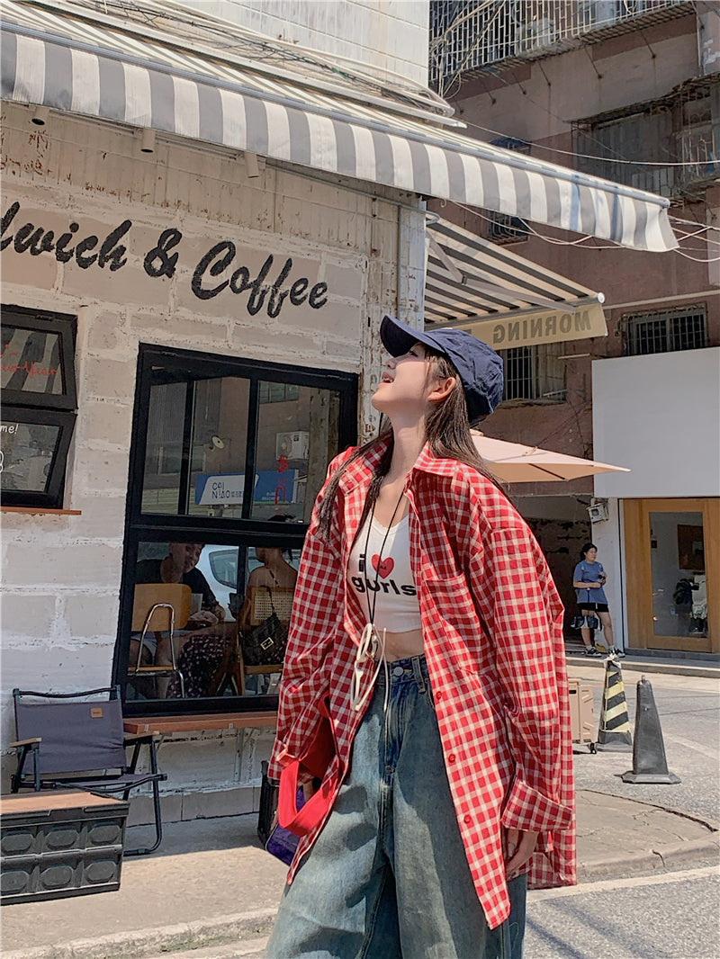 【F60645】韓系復古學院風☕日常休閒寬鬆百搭長袖格子防曬襯衫260713