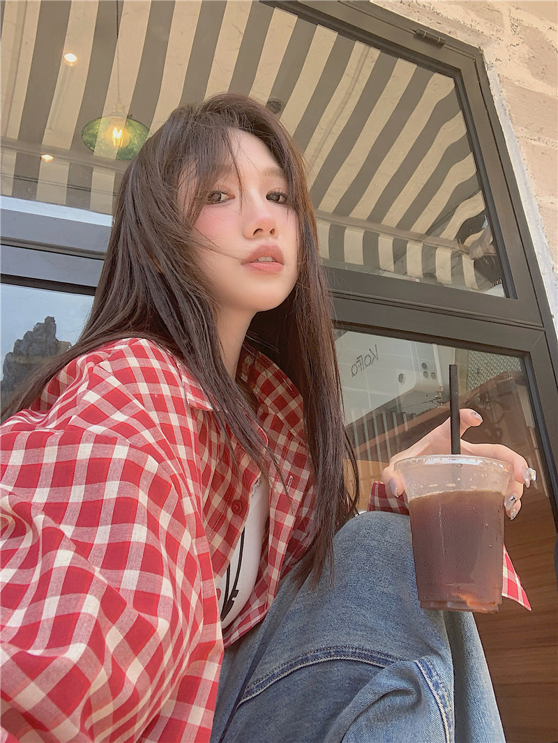 【F60645】韓系復古學院風☕日常休閒寬鬆百搭長袖格子防曬襯衫260713