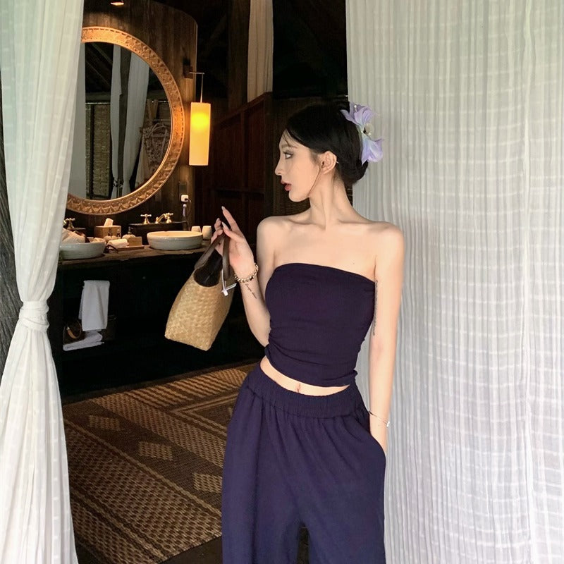 【F60333】實拍夏天復古小眾氣質平口上衣（含胸墊）＋褲子套裝250408