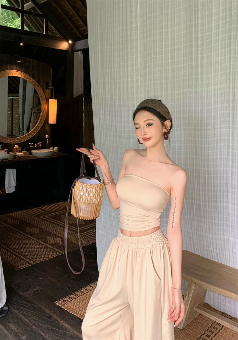 【F60333】實拍夏天復古小眾氣質平口上衣（含胸墊）＋褲子套裝250408