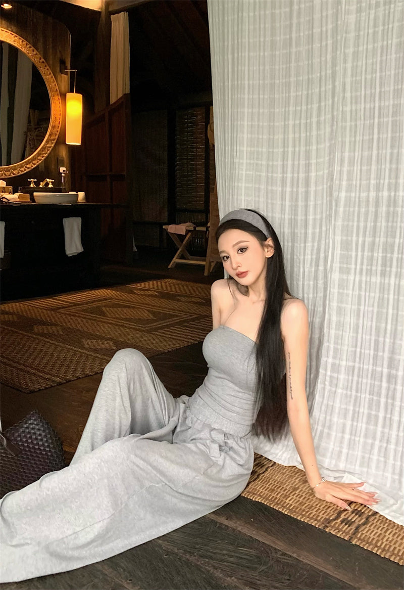 【F60333】實拍夏天復古小眾氣質平口上衣（含胸墊）＋褲子套裝250408