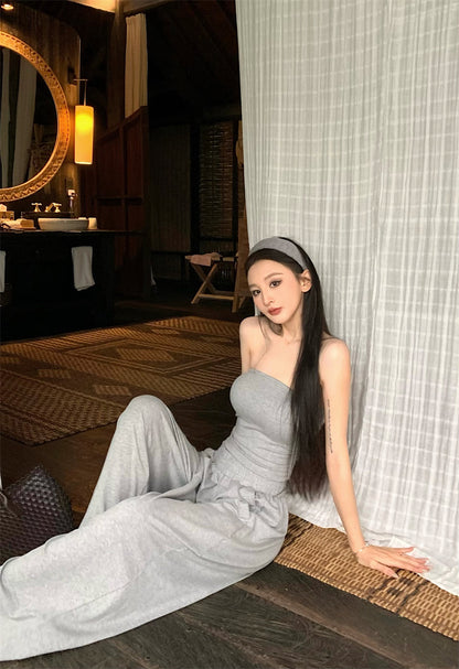 【F60333】實拍夏天復古小眾氣質平口上衣（含胸墊）＋褲子套裝250408