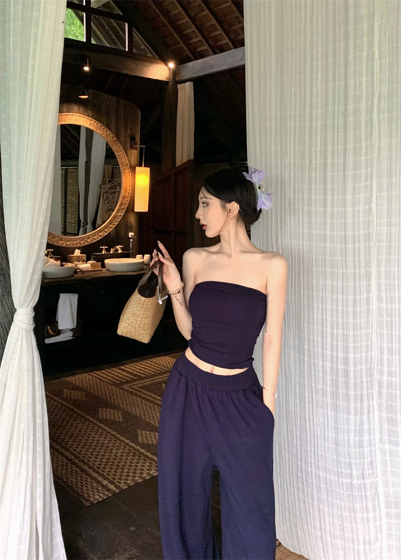 【F60333】實拍夏天復古小眾氣質平口上衣（含胸墊）＋褲子套裝250408