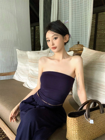 【F60333】實拍夏天復古小眾氣質平口上衣（含胸墊）＋褲子套裝250408