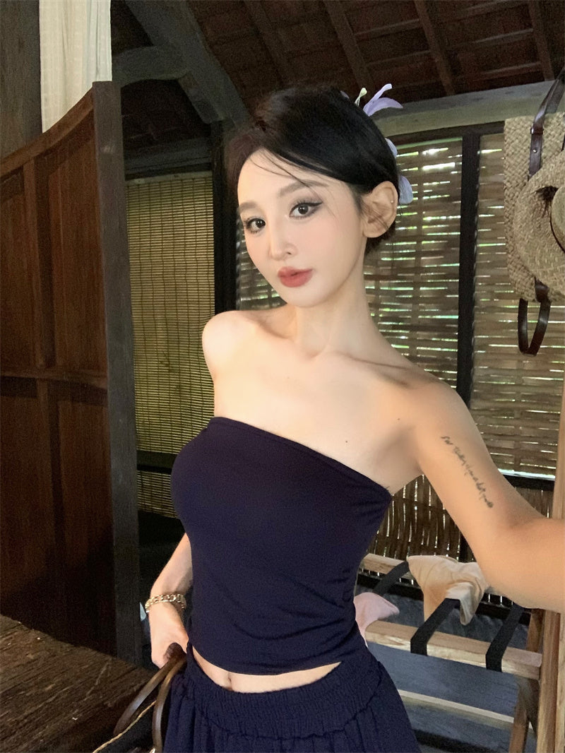 【F60333】實拍夏天復古小眾氣質平口上衣（含胸墊）＋褲子套裝250408