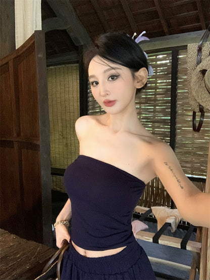 【F60333】實拍夏天復古小眾氣質平口上衣（含胸墊）＋褲子套裝250408