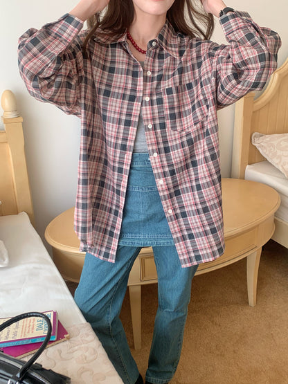 【F60686】慵懶男友風・復古格紋寬鬆長袖襯衫260825