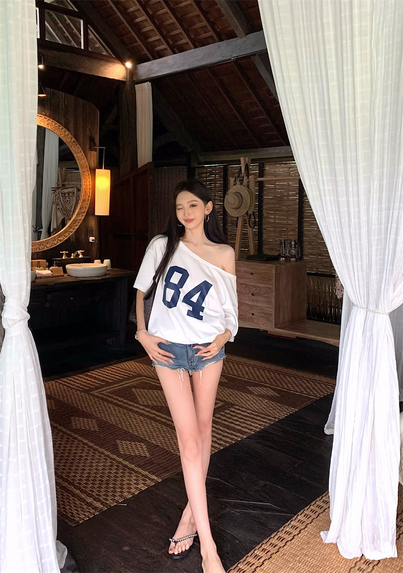 【F60329】實拍美式時髦慵懶寬鬆印花T恤250408