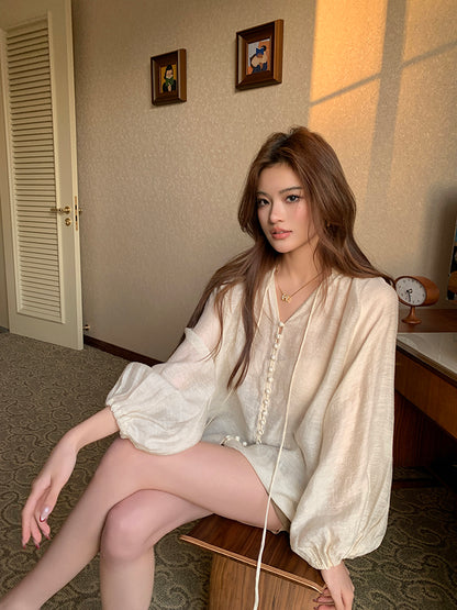 【F60651】法式溫柔仙氣感🕊️飄帶花苞袖V領包釦裝飾小眾設計短袖襯衫260713